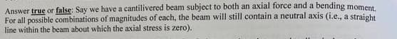 Answer true or false: Say we have a cantilivered beam subject to both an axial force and a bending moment.
For all possible combinations of magnitudes of each, the beam will still contain a neutral axis (i.e., a straight
line within the beam about which the axial stress is zero).