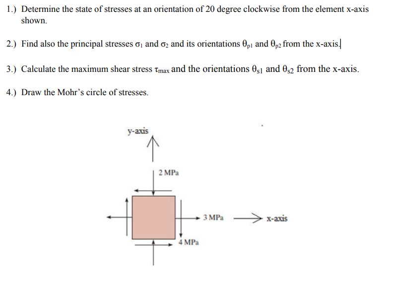 1.) Determine the state of stresses at an orientation of 20 degree clockwise from the element x-axis
shown.
2.) Find also the principal stresses oj and ơz and its orientations 0,p1 and 0p2 from the x-axis.
3.) Calculate the maximum shear stress Tmax and the orientations 0s1 and O32 from the x-axis.
4.) Draw the Mohr’s circle of stresses.
y-axis
2 MPa
З МРа
x-axis
4 MPa
