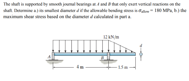 The shaft is supported by smooth journal bearings at A and B that only exert vertical reactions on the
shaft. Determine a.) its smallest diameter d if the allowable bending stress is oallow= 180 MPa, b.) the
maximum shear stress based on the diameter d calculated in part a.
12 kN/m
B
4 m
1.5 m
