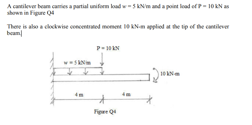 A cantilever beam carries a partial uniform load w = 5 kN/m and a point load of P = 10 kN as
shown in Figure Q4
There is also a clockwise concentrated moment 10 kN-m applied at the tip of the cantilever
beam.
P = 10 KN
w = 5 kN/m
10 kN-m
4 m
*
Figure Q4
4m