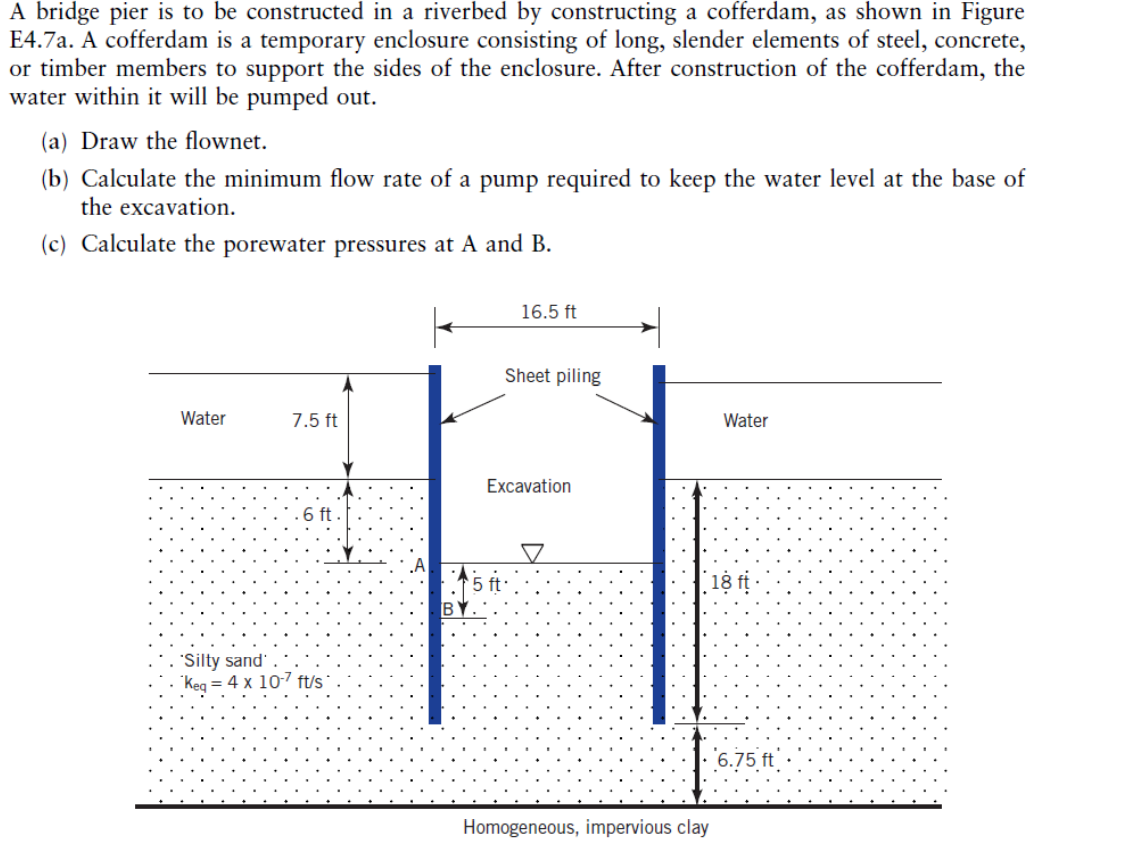 A bridge pier is to be constructed in a riverbed by constructing a cofferdam, as shown in Figure
E4.7a. A cofferdam is a temporary enclosure consisting of long, slender elements of steel, concrete,
or timber members to support the sides of the enclosure. After construction of the cofferdam, the
water within it will be pumped out.
(a) Draw the flownet.
(b) Calculate the minimum flow rate of a pump required to keep the water level at the base of
the excavation.
(c) Calculate the porewater pressures at A and B.
16.5 ft
Sheet piling
Water
7.5 ft
Water
Excavation
6 ft .
'5 ft
18 1
"Silty sand
"Keg = 4 x 10-7 ft/s
6.75 ft
Homogeneous, impervious clay
