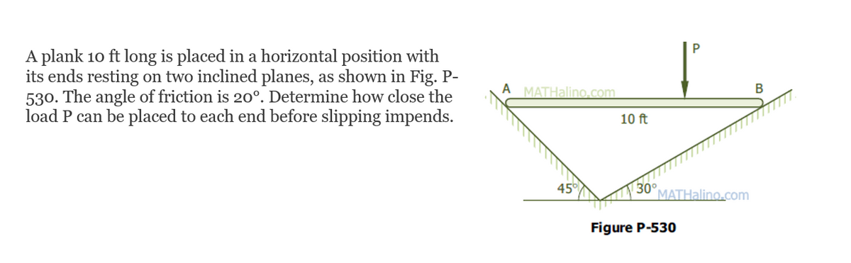 A plank 10 ft long is placed in a horizontal position with
its ends resting on two inclined planes, as showm in Fig. P-
530. The angle of friction is 20°. Determine how close the
load P can be placed to each end before slipping impends.
A MATHalino.com
10 ft
30°
MATHalino.com
45°
Figure P-530
B.
