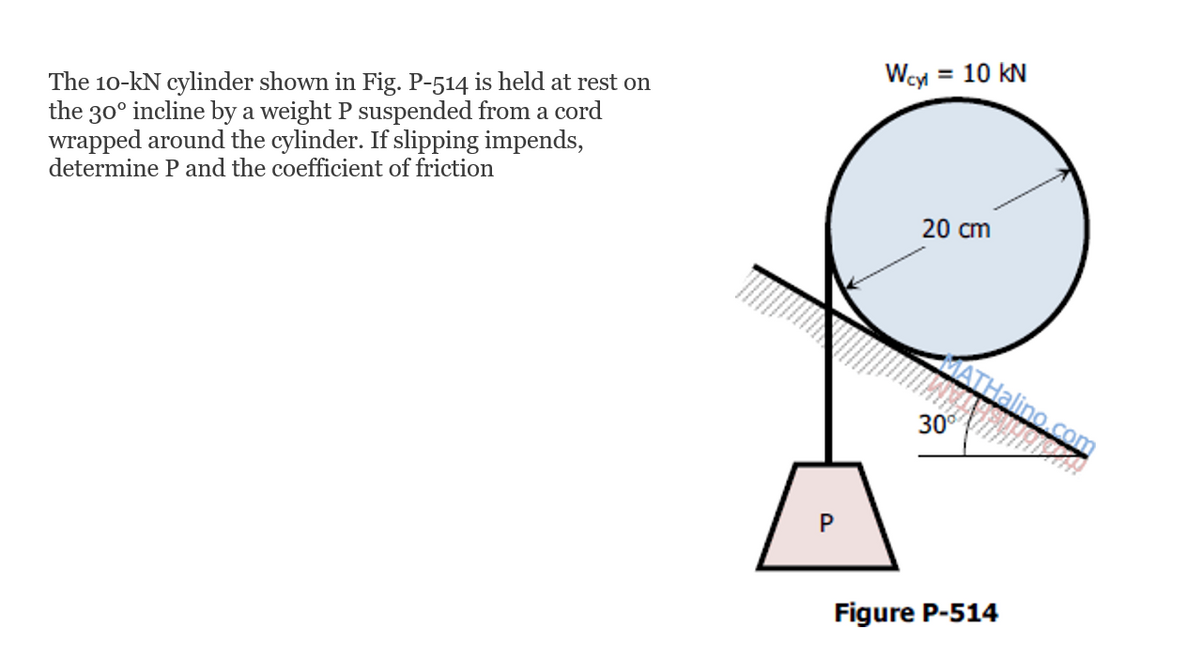 Weyl
= 10 kN
The 10-kN cylinder shown in Fig. P-514 is held at rest on
the 30° incline by a weight P suspended from a cord
wrapped around the cylinder. If slipping impends,
determine P and the coefficient of friction
20 cm
ATHaling
30°
Figure P-514
