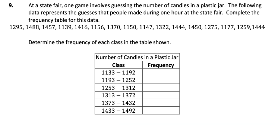 At a state fair, one game involves guessing the number of candies in a plastic jar. The following
data represents the guesses that people made during one hour at the state fair. Complete the
frequency table for this data.
1295, 1488, 1457, 1139, 1416, 1156, 1370, 1150, 1147, 1322, 1444, 1450, 1275, 1177, 1259,1444
Determine the frequency of each class in the table shown.
Number of Candies in a Plastic Jar
Frequency
Class
1133 – 1192
1193 – 1252
1253 – 1312
1313 – 1372
1373 – 1432
1433 – 1492
9.
