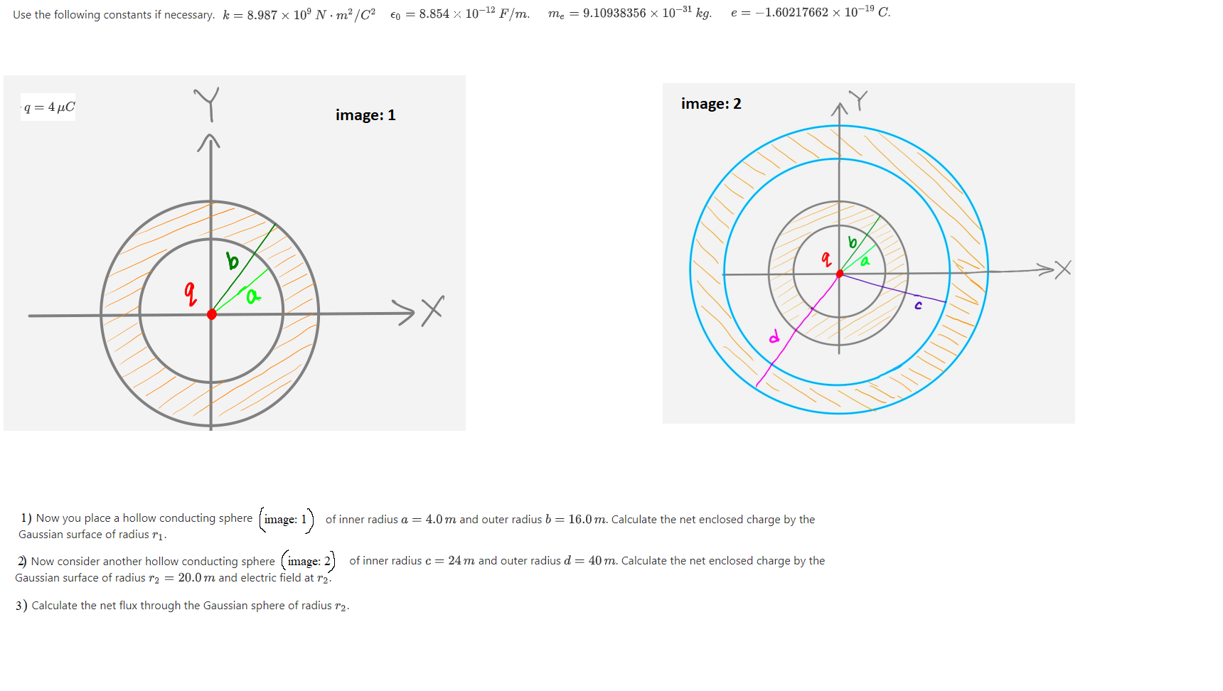 q = 4 µC
image: 1
image: 2
b
1) Now you place a hollow conducting sphere ( image: 1)
Gaussian surface of radius r1.
of inner radius a = 4.0 m and outer radius b = 16.0 m. Calculate the net enclosed charge by the
2) Now consider another hollow conducting sphere ( image: 2)
Gaussian surface of radius r2 = 20.0 m and electric field at r2.
of inner radius c= 24 m and outer radius d = 40 m. Calculate the net enclosed charge by the
3) Calculate the net flux through the Gaussian sphere of radius r2.
