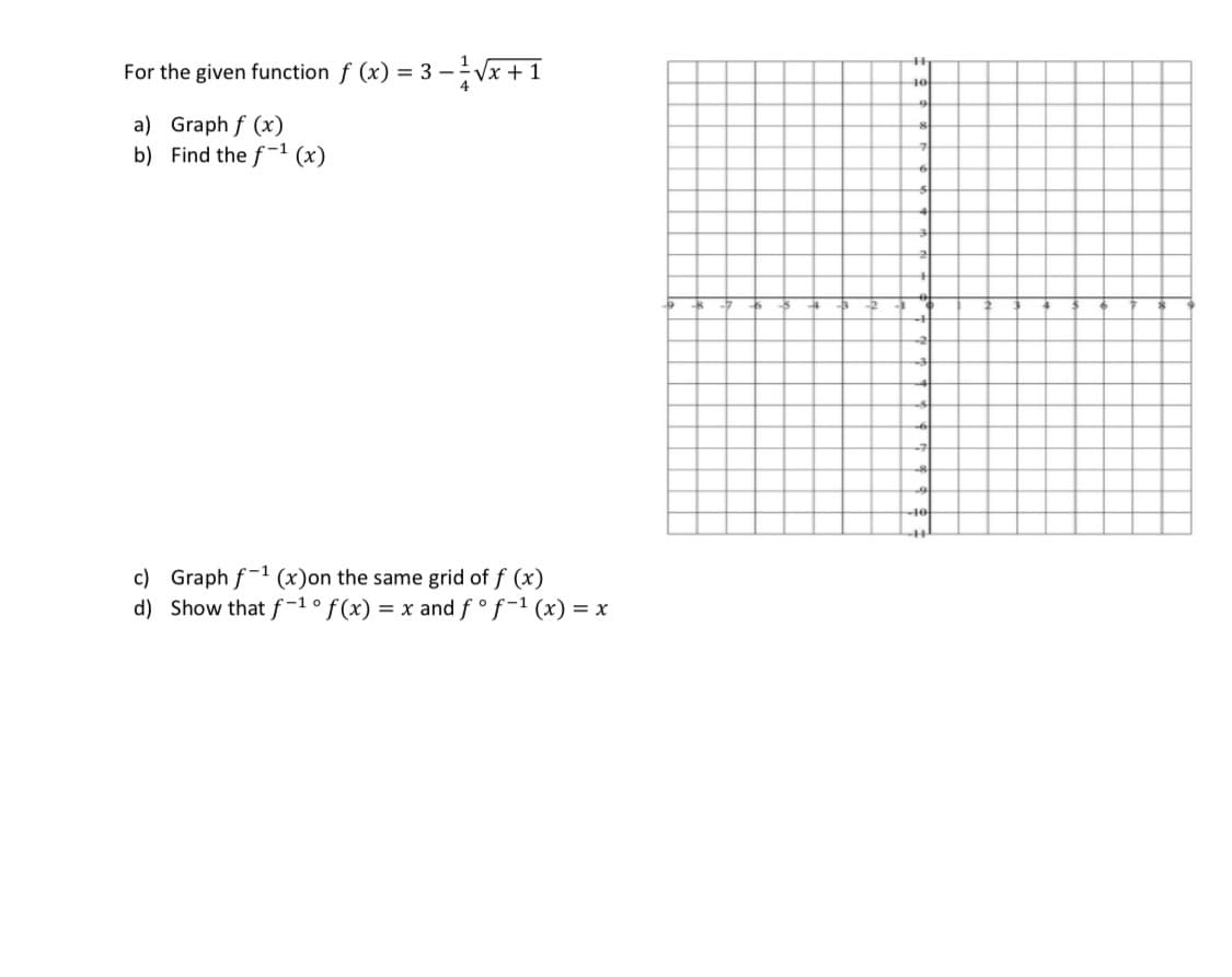 For the given function f (x) = 3 -Vx +1
t0
a) Graph f (x)
b) Find the f-1 (x)
c) Graph f-1 (x)on the same grid of f (x)
d) Show that f-1° f (x) = x and f°f-1 (x) = x
