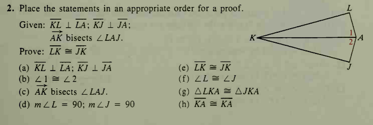 2. Place the statements in an appropriate order for a proof.
Given: KL 1 LA; KJ I JA;
AK bisects L LAJ.
K
2,
Prove: LK = JK
(а) KL I LA; КJ І ЈА
(b) 21 = 2 2
(c) AK bisects Z LAJ.
(e) LK = JK
(f) LL = LJ
(g) ALKA = AJKA
(d) m LL = 90; m ZJ = 90
(h) KA = KA
