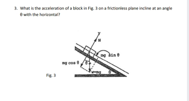 3. What is the acceleration of a block in Fig. 3 on a frictionless plane incline at an angle
e with the horizontal?
ng din e
mg cos 8
Fig. 3
