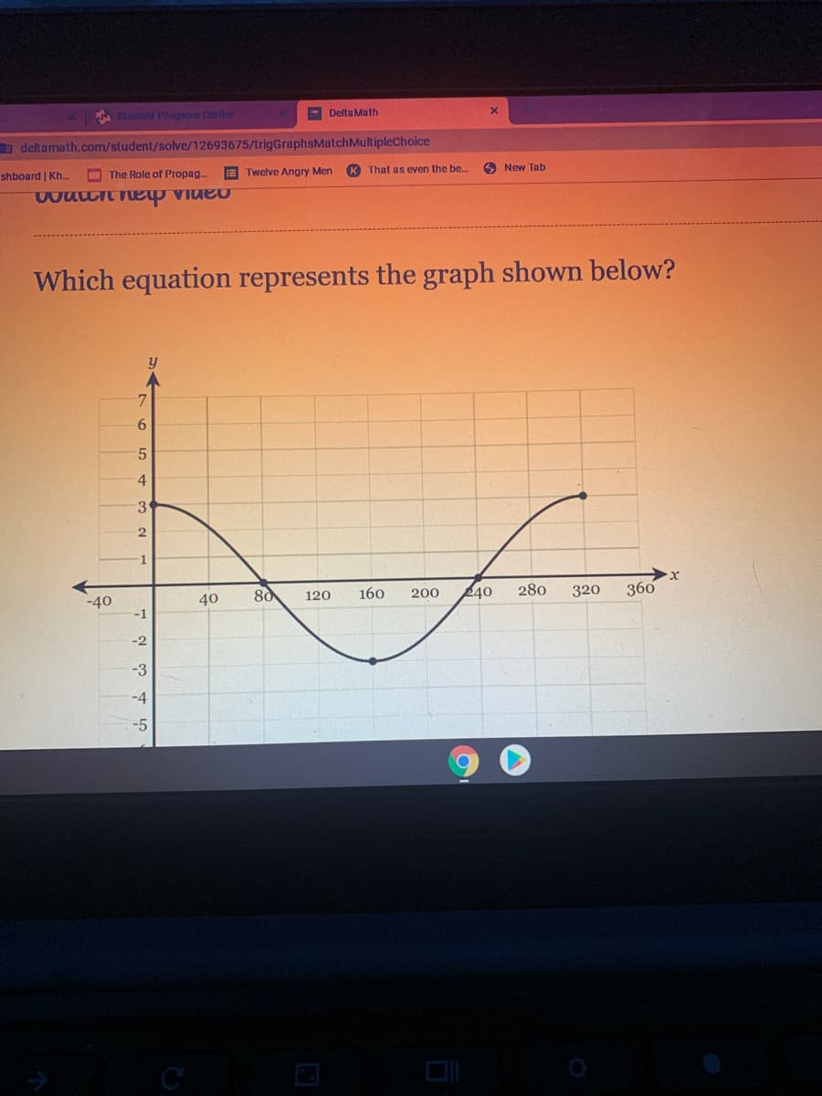 A Stuent Progress Conl
* Delta Math
a deltamath.com/student/solve/12693675/trigGraphsMatchMultipleChoice
O The Role of Propag.
E Twelve Angry Men
K That as even the be.
O New Tab
shboard | Kh.
Which equation represents the graph shown below?
6.
5.
1
80
160
240
280
320
360
40
120
200
-40
-1
-2
-3
-4
-5
