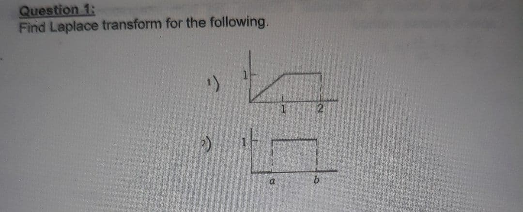 Question 1:
Find Laplace transform for the following.
1)
b.
