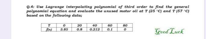 Q.4: Use Lagrange interpolating polynomial of third order to find the general
polynomial equation and evaluate the unused motor oil at T (25 °C) and T (57 °C)
based on the following data;
T
0
20
40
60
80
f(x)
3.85
0.8
0.212
0.1
0
Good Luck