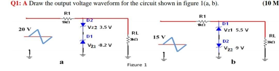 Ql: A Draw the output voltage waveform for the circuit shown in figure 1(a, b).
(10 M
R1
R1
D2
D1
Vz2 3.5 V
20 V
1 Vz1 5.5 V
RL
D1
15 V
RL
D2
Vž1 8.2 V
Vz2 9 V
a
b
Figure 1
