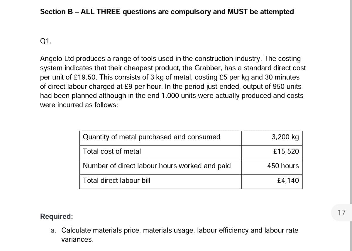 Section B - ALL THREE questions are compulsory and MUST be attempted
Q1.
Angelo Ltd produces a range of tools used in the construction industry. The costing
system indicates that their cheapest product, the Grabber, has a standard direct cost
per unit of £19.50. This consists of 3 kg of metal, costing £5 per kg and 30 minutes
of direct labour charged at £9 per hour. In the period just ended, output of 950 units
had been planned although in the end 1,000 units were actually produced and costs
were incurred as follows:
Quantity of metal purchased and consumed
Total cost of metal
Number of direct labour hours worked and paid
Total direct labour bill
3,200 kg
£15,520
450 hours
£4,140
Required:
a. Calculate materials price, materials usage, labour efficiency and labour rate
variances.
17