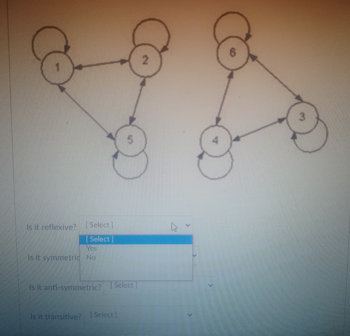 Is it reflexive? [Select]
[Select
Yes
Is it symmetric No
5
Is it anti-symmetric? [Select]
Is it transitive? [Select]
2
6
3