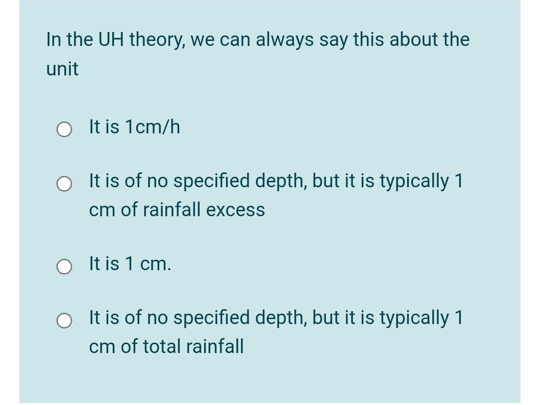 In the UH theory, we can always say this about the
unit
It is 1cm/h
O It is of no specified depth, but it is typically 1
cm of rainfall excess
It is 1 cm.
It is of no specified depth, but it is typically 1
cm of total rainfall
