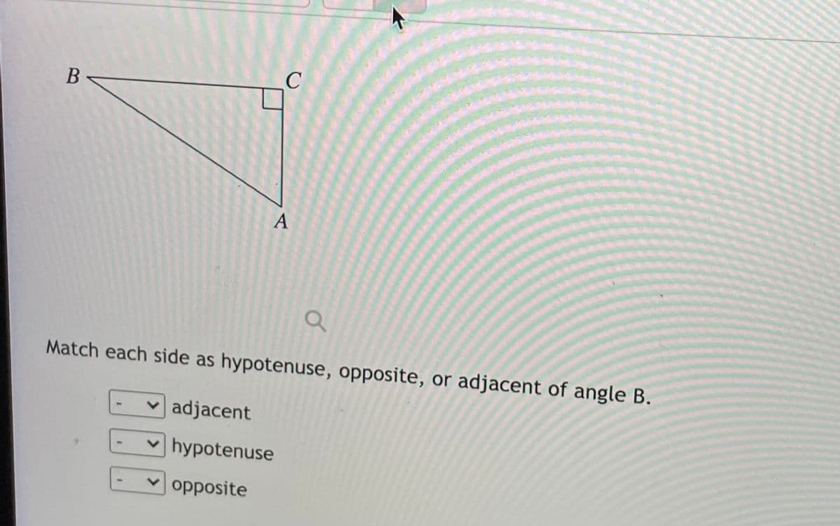 A
Match each side as hypotenuse, opposite, or adjacent of angle B.
v adjacent
v hypotenuse
opposite
