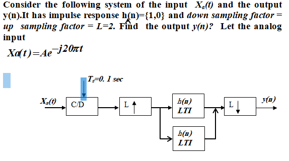 Consider the following system of the input X«(t) and the output
y(n).It has impulse response h(n)={1,0} and down sampling factor =
up sampling factor = L=2. Fínd the output y(n)? Let the analog
input
Xa(t)=Aej20nt
T70. 1 sec
(n)
h(n)
LTI
C/D
L
h(n)
LTI
