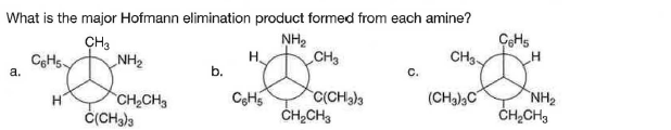 What is the major Hofmann elimination product formed from each amine?
CH3
NH2
NH2
CH3
ÇeHs
CH3
b.
С.
a.
NH2
ČH,CH3
(CHa),C
C(CH)3
CH2CH3
CH2CH3
