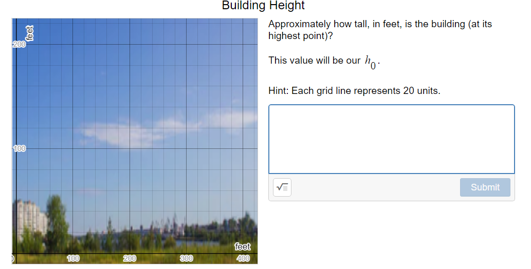 Building Height
Approximately how tall, in feet, is the building (at its
highest point)?
This value wilI be our ho.
Hint: Each grid line represents 20 units.
100
Submit
feet
400
100
200
300
feet
