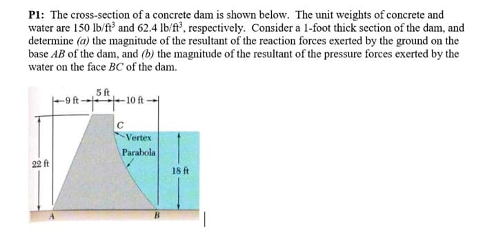 P1: The cross-section of a concrete dam is shown below. The unit weights of concrete and
water are 150 lb/ft³ and 62.4 lb/ft³, respectively. Consider a 1-foot thick section of the dam, and
determine (a) the magnitude of the resultant of the reaction forces exerted by the ground on the
base AB of the dam, and (b) the magnitude of the resultant of the pressure forces exerted by the
water on the face BC of the dam.
22 ft
5 ft
-9 ft 10 ft-
C
-Vertex
Parabola
B
18 ft