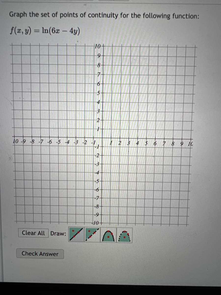 Graph the set of points of continuity for the following function:
f(x, y) = ln(6x - 4y)
10 -9 -8 -7 -6 -5 -4 -3 -2 -1
-1
-2
-3
--4-
-5-
-6
-7
-8
-9
10
Clear All Draw:
10-
9
8
7
6
5
4-
3
2
1
Check Answer
2
3
4
5
6
7 8 9 10