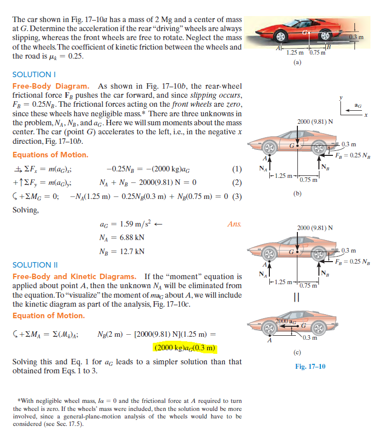 The car shown in Fig. 17–10a has a mass of 2 Mg and a center of mass
at G. Determine the acceleration if the rear “driving" wheels are always
slipping, whereas the front wheels are free to rotate. Neglect the mass
0.3 m
of the wheels. The coefficient of kinetic friction between the wheels and
1.25 m '0.75 m
the road is µz = 0.25.
(a)
SOLUTION I
Free-Body Diagram. As shown in Fig. 17-10b, the rear-wheel
frictional force Fg pushes the car forward, and since slipping occurs,
FB = 0.25N.. The frictional forces acting on the front wheels are zero,
since these wheels have negligible mass.* There are three unknowns in
the problem, NA, Ng, and aç. Here we will sum moments about the mass
center. The car (point G) accelerates to the left, i.e., in the negative x
direction, Fig. 17–10b.
aG
2000 (9.81) N
0.3 m
Equations of Motion.
F = 0.25 Ng
A
NA
|-1.25 m-
4ΣF, m (aς).;
-0.25NB = -(2000 kg)ac
(1)
0.75 m
+1£F, = m(ac),;
NA + Ng – 2000(9.81) N = 0
(2)
6+EMG = 0; -NĄ(1.25 m) – 0.25Ng(0.3 m) + Ng(0.75 m) = 0 (3)
(b)
Solving,
ag
1.59 m/s? +
Ans.
2000 (9.81) N
NA = 6.88 kN
0.3 m
Ng = 12.7 kN
- FB = 0.25 Ng
SOLUTION II
Free-Body and Kinetic Diagrams. If the "moment" equation is
applied about point A, then the unknown NA will be eliminated from
the equation. To "visualize" the moment of maç about A, we will include
the kinetic diagram as part of the analysis, Fig. 17–10c.
Equation of Motion.
|-1.25 m--
0,75 m
||
2000 aG
6+EMa = £(M)a;
Ng(2 m) – [2000(9.81) NJ(1.25 m) =
0.3 m
(2000 kg)ac(0.3 m)
(c)
Solving this and Eq. 1 for aç leads to a simpler solution than that
obtained from Eqs. 1 to 3.
Fig. 17-10
*With negligible wheel mass, la = 0 and the frictional force at A required to turn
the wheel is zero. If the wheels' mass were included, then the solution would be more
involved, since a general-plane-motion analysis of the wheels would have to be
considered (see Sec. 17.5).
