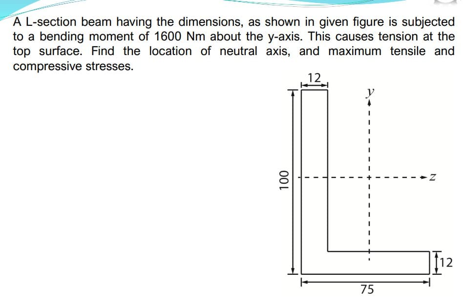 A L-section beam having the dimensions, as shown in given figure is subjected
to a bending moment of 1600 Nm about the y-axis. This causes tension at the
top surface. Find the location of neutral axis, and maximum tensile and
compressive stresses.
12
100
I
75
I
N
-Z
12