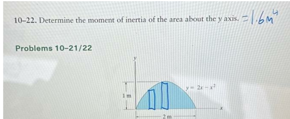 10-22. Determine the moment of inertia of the area about the y axis.
Problems 10-21/22
1m
2m
y = 2x − x²
X
= 1.6²