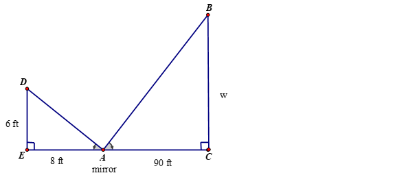 D
6 ft
E
8 ft
A
mirror
90 ft
B
W