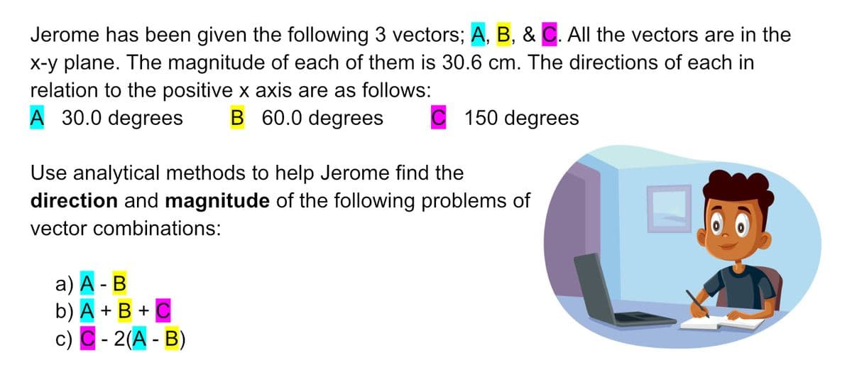 **Vector Analysis Exercise**

**Problem Statement:**

Jerome has been given the following 3 vectors; **A, B,** and **C**. All the vectors are in the x-y plane. The magnitude of each of them is 30.6 cm. The directions of each in relation to the positive x-axis are as follows:
- **A**: 30.0 degrees
- **B**: 60.0 degrees
- **C**: 150 degrees

Use analytical methods to help Jerome find the **direction** and **magnitude** of the following problems of vector combinations:

a) **A - B**

b) **A + B + C**

c) **C - 2(A - B)**

**Graphical Representation:**

There is an illustration of a boy sitting at a desk with a laptop and a notebook, appearing to be engaged in solving the vector problems.

**Instructions:**

1. Break down each vector into its x and y components.
2. Use the appropriate trigonometric functions to determine the vector components.
3. Combine the components as dictated by the vector equations.
4. Calculate the resultant vector's magnitude and direction using the Pythagorean theorem and inverse trigonometric functions.

This exercise is designed to apply your knowledge of vector operations, trigonometry, and analytical problem solving. Good luck!