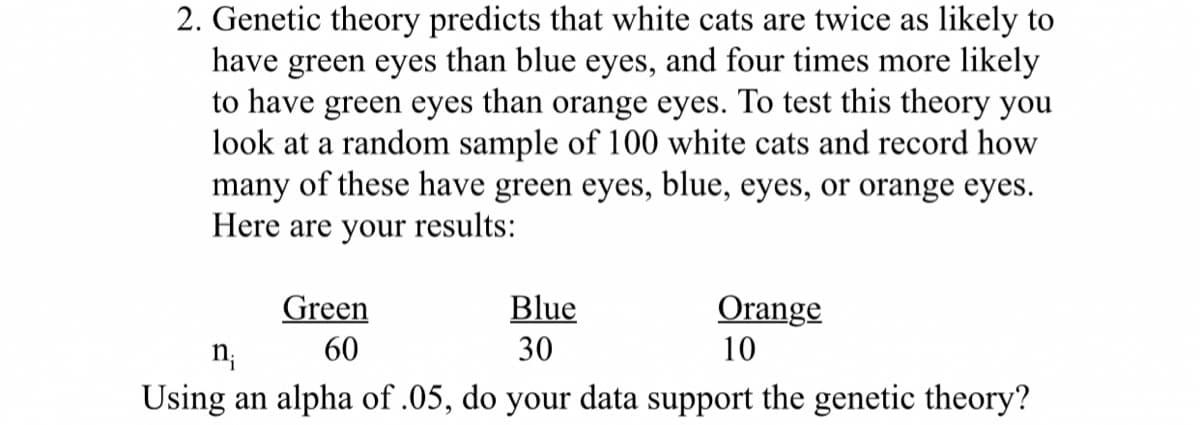 2. Genetic theory predicts that white cats are twice as likely to
have green eyes than blue eyes, and four times more likely
to have green eyes than orange eyes. To test this theory you
look at a random sample of 100 white cats and record how
many of these have green eyes, blue, eyes, or orange eyes.
Here are your results:
Green
60
Orange
10
Blue
n₁
30
Using an alpha of .05, do your data support the genetic theory?