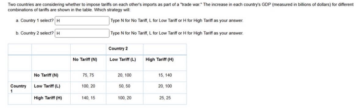 Two countries are considering whether to impose tariffs on each other's imports as part of a "trade war." The increase in each country's GDP (measured in billions of dollars) for different
combinations of tariffs are shown in the table. Which strategy will:
a. Country 1 select? H
Type N for No Tariff, L for Low Tariff or H for High Tariff as your answer.
b. Country 2 select? H
Country
1
No Tariff (N)
Low Tariff (L)
High Tariff (H)
No Tariff (N)
75,75
100, 20
140, 15
Type N for No Tariff, L for Low Tariff or H for High Tariff as your answer.
Country 2
Low Tariff (L)
20, 100
50, 50
100, 20
High Tariff (H)
15, 140
20, 100
25, 25