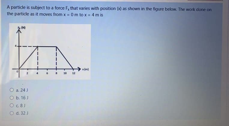 A particle is subject to a force Fy that varies with position (x) as shown in the figure below. The work done on
the particle as it moves from x = 0 m to x = 4 m is
%3D
(N)
x (m)
10
12
O a. 24 J
O b. 16 J
O c. 8J
O d. 32 J
