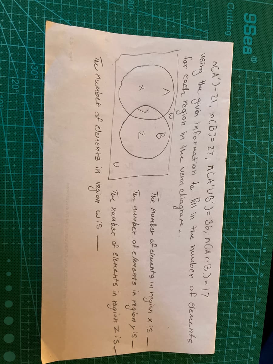 9Sea
Cutting
nCA')-21, nCB)= 27, nCA'UB')= 36, NCANB)= 17
thhe
using
tor each reaion in the venn
givon information to fill in the huuber of elements
eliagram,
A
B
The number of eleuehts in
region x is
メ
The number of elerrents in
egion y is -
80°
Tue nuuber of elements in region Zis
The number of elements in
egion
wis
Sto S ope
Ixenno TIMBUeD OITAUAESS
30
120°
