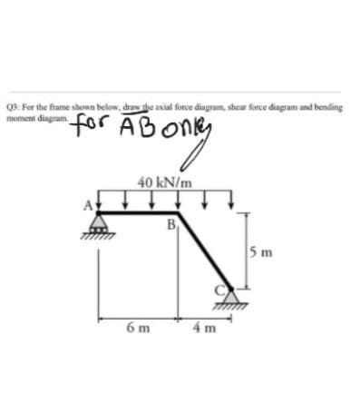 Q3: For the frame shown below, draw the axial force diagram, shear force diagram and bending
moment diagram.
ABong
for ĀBonky
40 kN/m
B
5 m
6 m
4 m
