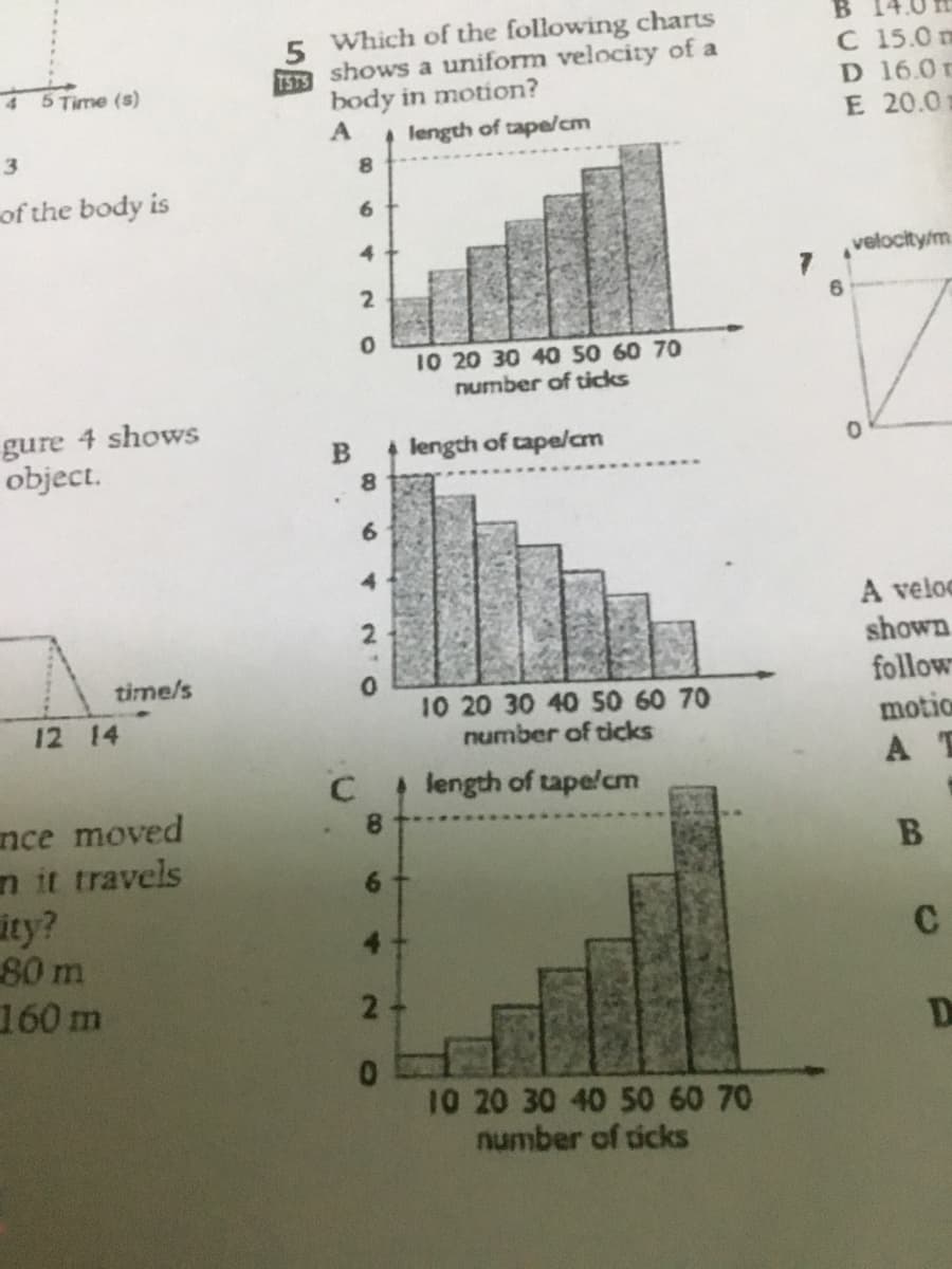 B.
C 15.0 m
D 16.0r
E 20.01
Which of the following charts
TSTS
shows a uniform velocity of a
4 5 Time (s)
body in motion?
length of tape/cm
3
of the body is
4.
velocity/m
10 20 30 40 50 60 70
number of ticks
gure 4 shows
object.
1 length of tape/lam
8.
6.
A veloc
shown
follow
time/s
10 20 30 40 S0 60 70
number of ticks
12 14
motio
length of tapelcm
A T
nce moved
n it travels
ity?
80 m
160 m
8.
B.
6.
D
10 20 30 40 5O 60 70
number of ticks
