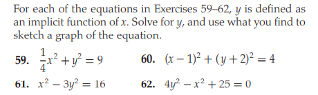 For each of the equations in Exercises 59–62, y is defined as
an implicit function of x. Solve for y, and use what you find to
sketch a graph of the equation.
59. x² + y = 9
60. (x– 1)2 + (y + 2)² = 4
61. x? – 3y? = 16
62. 4y? — х? + 25 3 0
