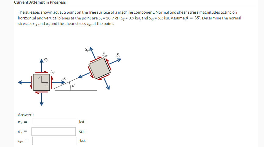 Current Attempt in Progress
The stresses shown act at a point on the free surface of a machine component. Normal and shear stress magnitudes acting on
horizontal and vertical planes at the point are 5x = 18.9 ksi, Sy = 3.9 ksi, and Sxy=5.3 ksi. Assume ß = 35°. Determine the normal
stresses, and o, and the shear stress Txy at the point.
Answers:
6x =
||
Txy =
Txy
ox
ksi.
ksi.
ksi.
Say
Sx