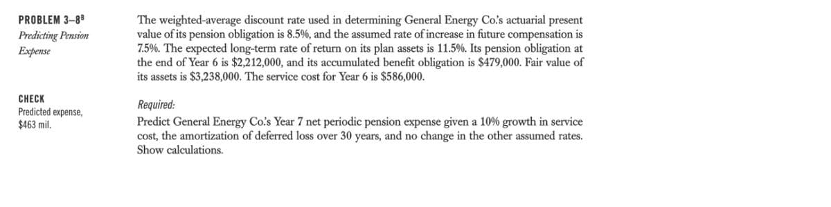 PROBLEM 3–88
The weighted-average discount rate used in determining General Energy Co's actuarial present
value of its pension obligation is 8.5%, and the assumed rate of increase in future compensation is
7.5%. The expected long-term rate of return on its plan assets is 11.5%. Its pension obligation at
the end of Year 6 is $2,212,000, and its accumulated benefit obligation is $479,000. Fair value of
its assets is $3,238,000. The service cost for Year 6 is $586,000.
Predicting Pension
Еxpense
CHЕCK
Predicted expense,
$463 mil.
Required:
Predict General Energy Co's Year 7 net periodic pension expense given a 10% growth in service
cost, the amortization of deferred loss over 30 years, and no change in the other assumed rates.
Show calculations.
