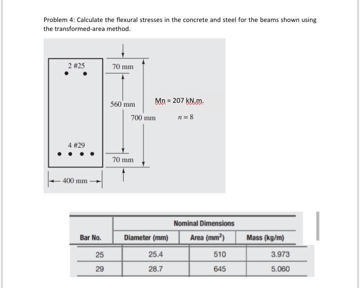 Problem 4: Calculate the flexural stresses in the concrete and steel for the beams shown using
the transformed-area method.
2 #25
70 mm
560 mm
Mn = 207 kN m.
700 mm
n = 8
4 #29
70 mm
· 400 mm
Nominal Dimensions
Bar No.
Diameter (mm)
Area (mm²)
Mass (kg/m)
25
25.4
510
3.973
29
28.7
645
5.060
