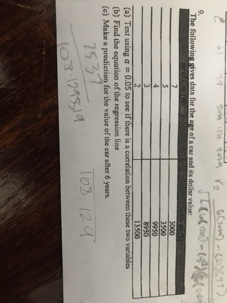 9.
The following gives data for the age of a car and its dollar value
3500
9950
8950
13500
(a) Test using α = 0.05 to see if there is a correlation between these two variables
(b) Find the equation of the regression line
(c) Make a prediction for the value of the car after 6 years.
75 37
03 12
121sI
