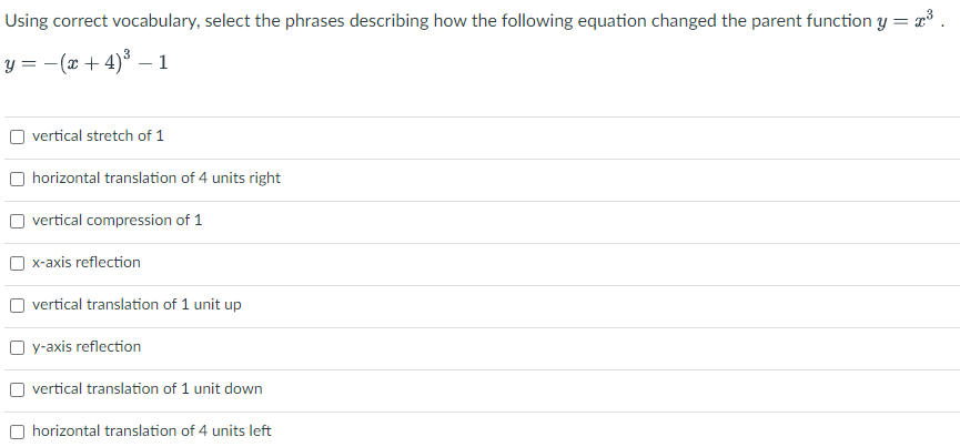 Using correct vocabulary, select the phrases describing how the following equation changed the parent function y = x .
y = -(x + 4)* – 1
vertical stretch of 1
horizontal translation of 4 units right
vertical compression of 1
x-axis reflection
O vertical translation of 1 unit up
O y-axis reflection
vertical translation of 1 unit down
horizontal translation of 4 units left
