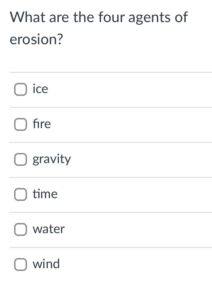 What are the four agents of
erosion?
O ice
O fire
O gravity
time
water
wind
