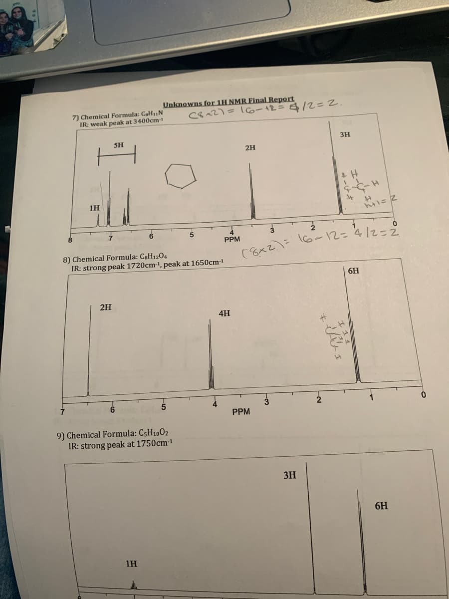 7) Chemical Formula: C₂H₁N
IR: weak peak at 3400cm-1
7
1H
SH
2H
8) Chemical Formula: C8H1204
IR: strong peak 1720cm-1, peak at 1650cm-1
Unknowns for 1H NMR Final Report
9) Chemical Formula: C5H1002
IR: strong peak at 1750cm-1
1H
(8~27 = 16-+2 = € /2=2.
PPM
4H
2H
3
PPM
3H
3H
2
* H
-
(8x2) = 16-12=412=2
-G-H
H
h+1= 2
4
6H
6H