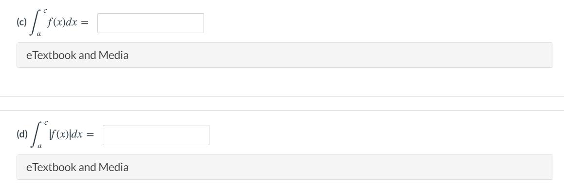 (c)
f(x)dx =
eTextbook and Media
(d)
f(x)\dx =
eTextbook and Media
