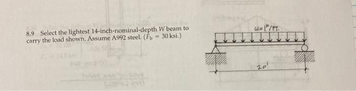 8.9 Select the lightest 14-inch-nominal-depth W beam to
carry the load shown. Assume A992 steel. (F = 30 ksi.)
%3D
201
