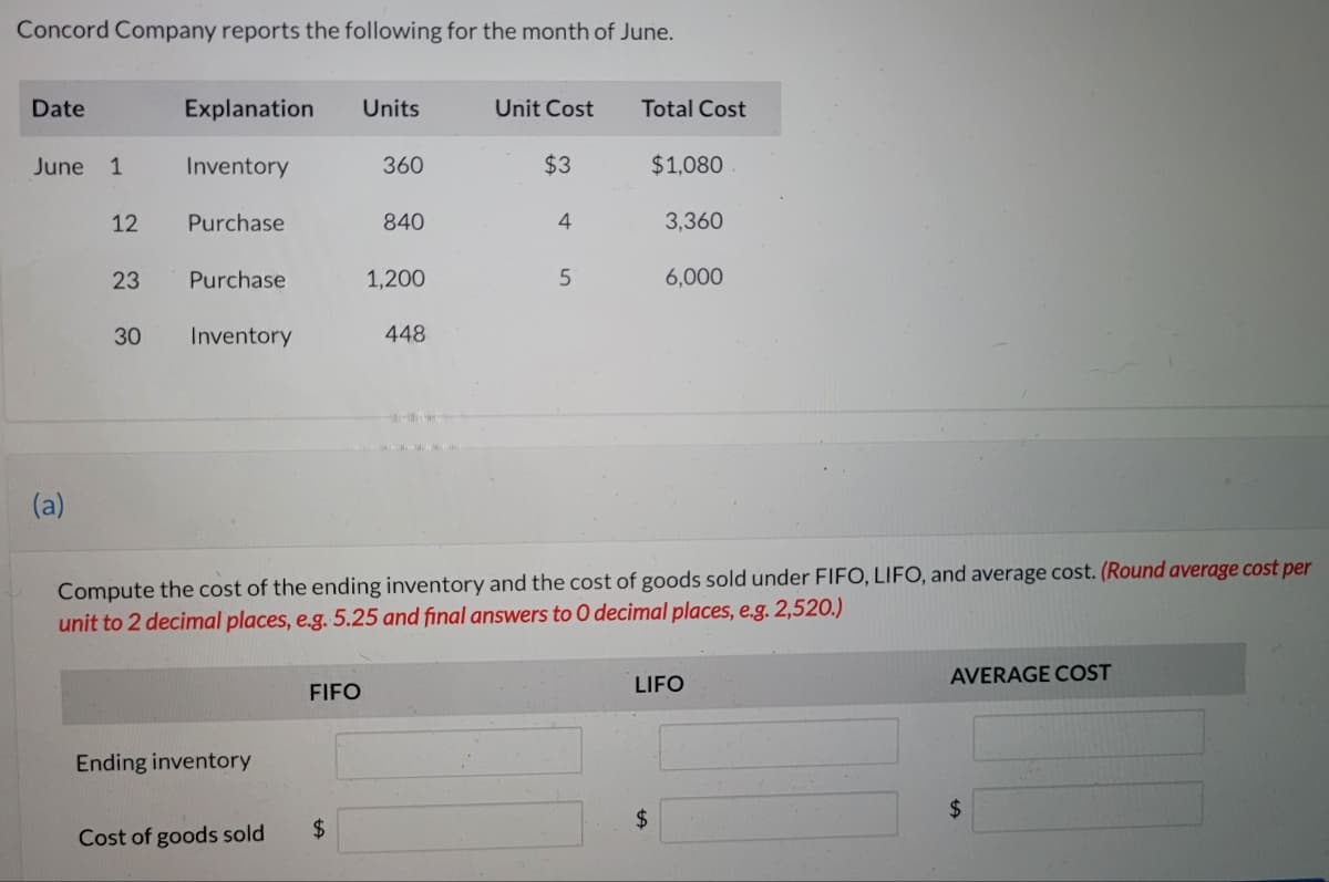 Concord Company reports the following for the month of June.
Date
Explanation
Units
Unit Cost
Total Cost
June 1
Inventory
360
$3
$1,080
12
Purchase
840
4
3,360
23
Purchase
1,200
6,000
30
Inventory
448
(a)
Compute the cost of the ending inventory and the cost of goods sold under FIFO, LIFO, and average cost. (Round average cost per
unit to 2 decimal places, e.g. 5.25 and final answers to 0 decimal places, e.g. 2,520.)
AVERAGE COST
FIFO
LIFO
Ending inventory
$4
$4
Cost of goods sold
%24
