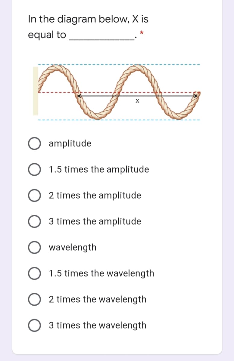 In the diagram below, X is
equal to
X
amplitude
O 1.5 times the amplitude
O 2 times the amplitude
O 3 times the amplitude
wavelength
O 1.5 times the wavelength
O 2 times the wavelength
3 times the wavelength
