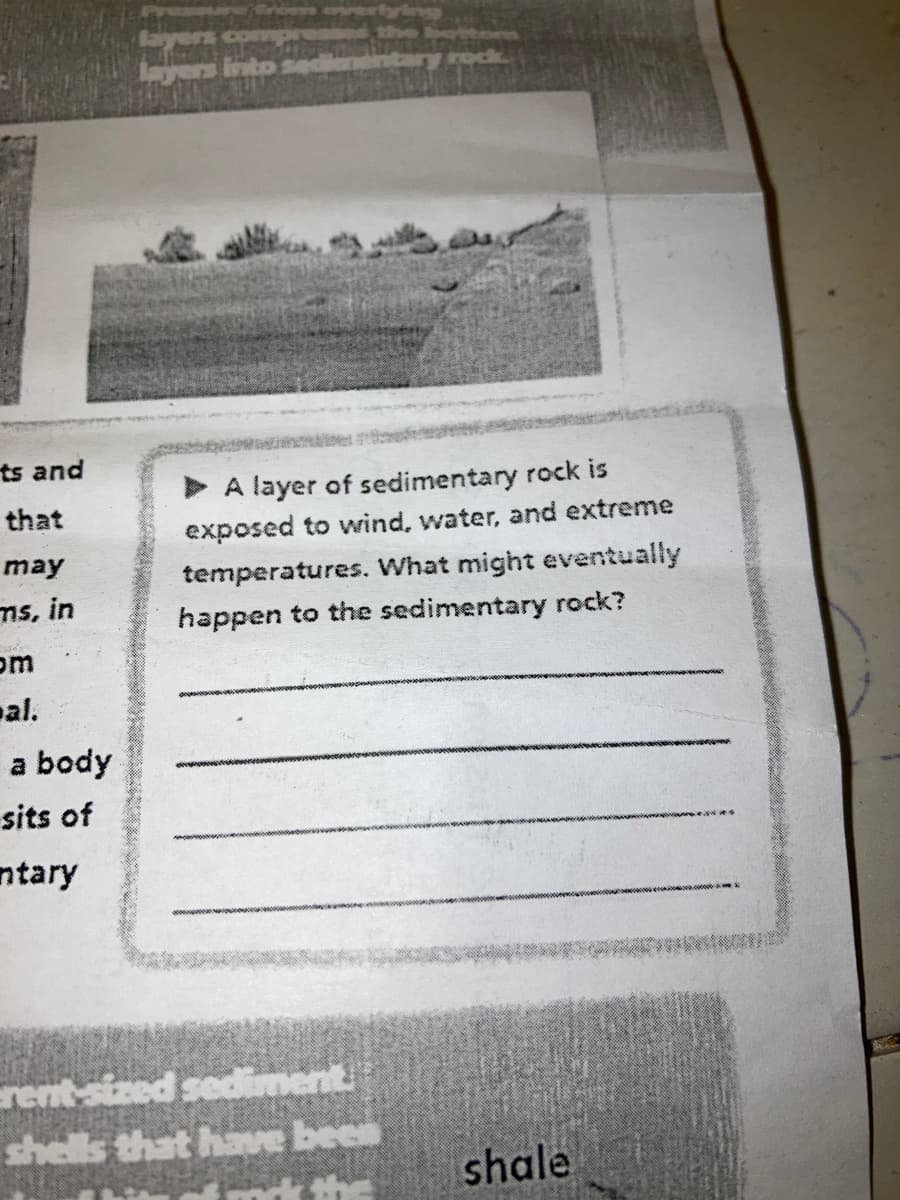 ts and
> A layer of sedimentary rock is
exposed to wind, water, and extreme
that
temperatures. What might eventually
happen to the sedimentary rock?
may
ns, in
om
al.
a body
sits of
ntary
rent-sized sediment
shells that have been
shale
