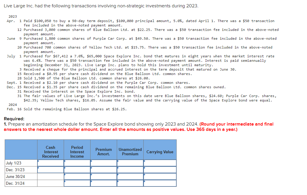 Live Large Inc. had the following transactions involving non-strategic investments during 2023.
2023
Apr. 1 Paid $100,050 to buy a 90-day term deposit, $100,000 principal amount, 5.0 %, dated April 1. There was a $50 transaction
fee included in the above-noted payment amount.
June
12 Purchased 3,000 common shares of Blue Balloon Ltd. at $22.25. There was a $50 transaction fee included in the above-noted
payment amount.
9 Purchased 1,800 common shares of Purple Car Corp. at $49.50. There was a $50 transaction fee included in the above-noted
payment amount.
20 Purchased 700 common shares of Yellow Tech Ltd. at $15.75. There was a $50 transaction fee included in the above-noted
payment amount.
July 1 Purchased for $67,412 a 7.0%, $65,000 Space Explore Inc. bond that matures in eight years when the market interest rate
was 6.4%. There was a $50 transaction fee included in the above-noted payment amount. Interest is paid semiannually
beginning December 31, 2023. Live Large Inc. plans to hold this investment until maturity.
3 Received a cheque for the principal and accrued interest on the term deposit that matured on June 30.
15 Received a $0.95 per share cash dividend on the Blue Balloon Ltd. common shares.
28 Sold 1,500 of the Blue Balloon Ltd. common shares at $26.00.
Sept. 1 Received a $2.10 per share cash dividend on the Purple Car Corp. common shares.
Dec. 15 Received a $1.35 per share cash dividend on the remaining Blue Balloon Ltd. common shares owned.
2024
31 Received the interest on the Space Explore Inc. bond.
31 The fair values of Live Large Inc.'s investments on this date were Blue Balloon shares, $24.60; Purple Car Corp. shares,
$42.35; Yellow Tech shares, $16.05. Assume the fair value and the carrying value of the Space Explore bond were equal.
Feb. 16 Sold the remaining Blue Balloon shares at $26.25.
Required:
1. Prepare an amortization schedule for the Space Explore bond showing only 2023 and 2024. (Round your intermediate and final
answers to the nearest whole dollar amount. Enter all the amounts as positive values. Use 365 days in a year.)
Cash
Interest
Received
Period
Interest
Income
Premium Unamortized
Amort.
Premium
Carrying Value
July 1/23
Dec. 31/23
June 30/24
Dec. 31/24